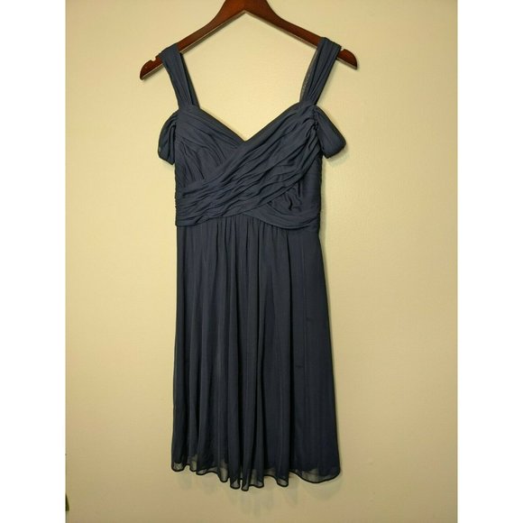 David's Bridal A-Line V-neck Short Chiffon Bridesmaid Dress Ruffle Navy Blue - Picture 2 of 8